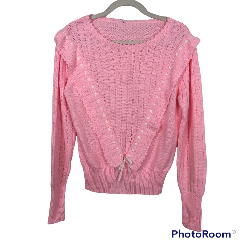 VINTAGE Pink Handmade Cottage Core Ribbon Baby Pink Knit Granny Sweater sz L
